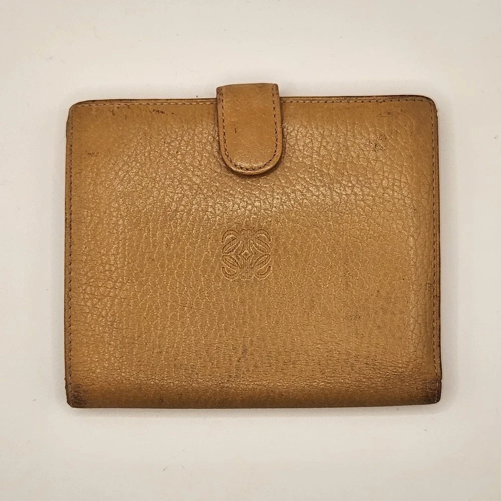 Vintage Loewe Anagram Bifold Wallet Tan Leather Made in Spain Card Coin
